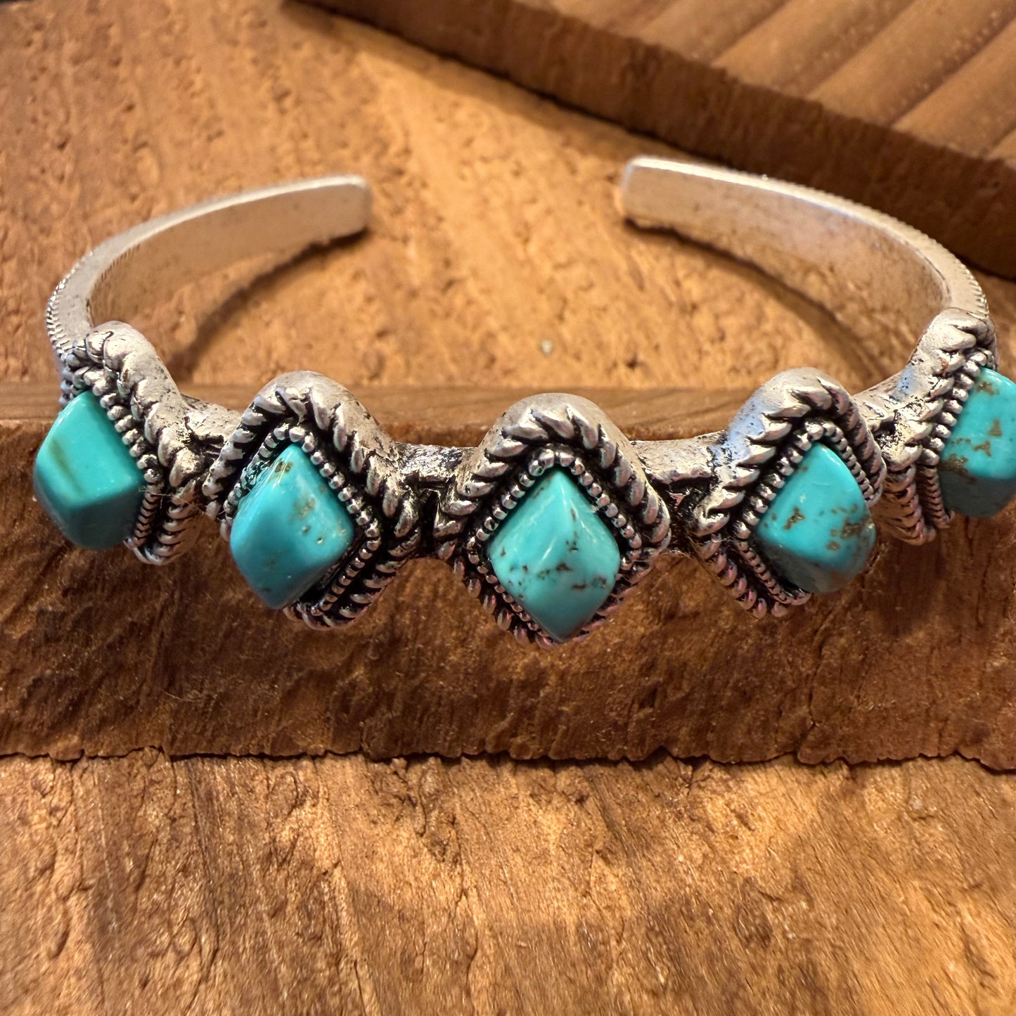 Navajo Style Turquoise Natural Stone Cuff Bracelet Mixed Metals Bangle