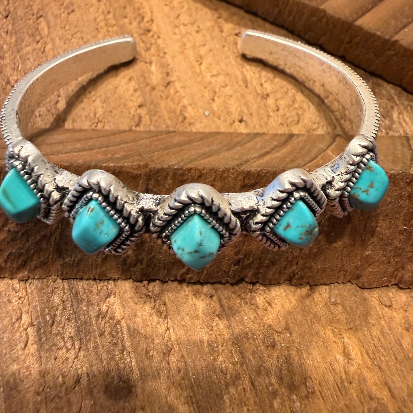 Navajo Style Turquoise Natural Stone Cuff Bracelet Mixed Metals Bangle