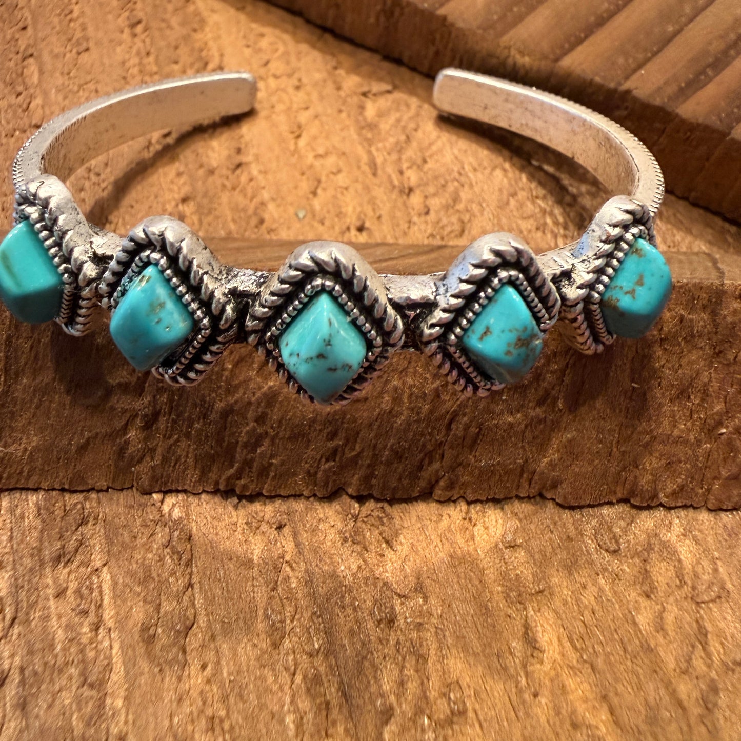 Navajo Style Turquoise Natural Stone Cuff Bracelet Mixed Metals Bangle