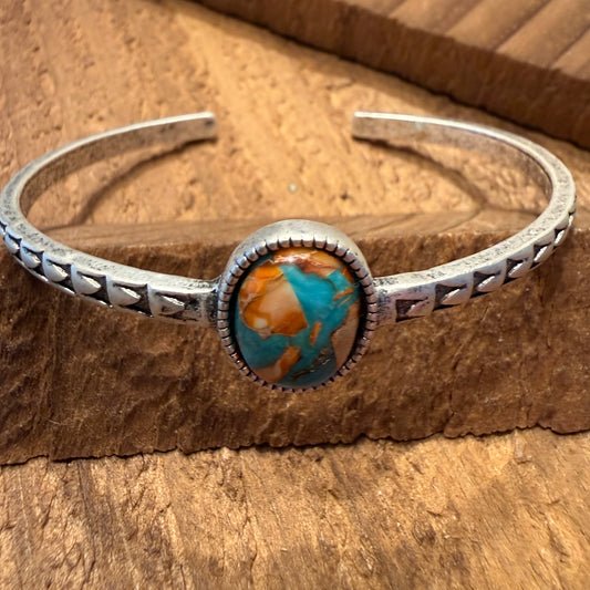 Navajo Style Southwestern Turquoise Stone Mixed Metals Bangle Bracelet