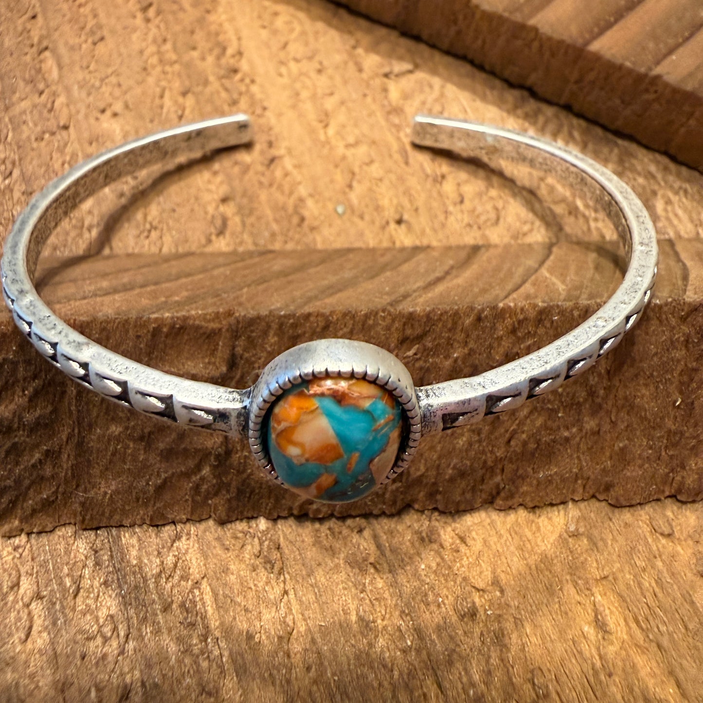 Navajo Style Southwestern Turquoise Stone Mixed Metals Bangle Bracelet