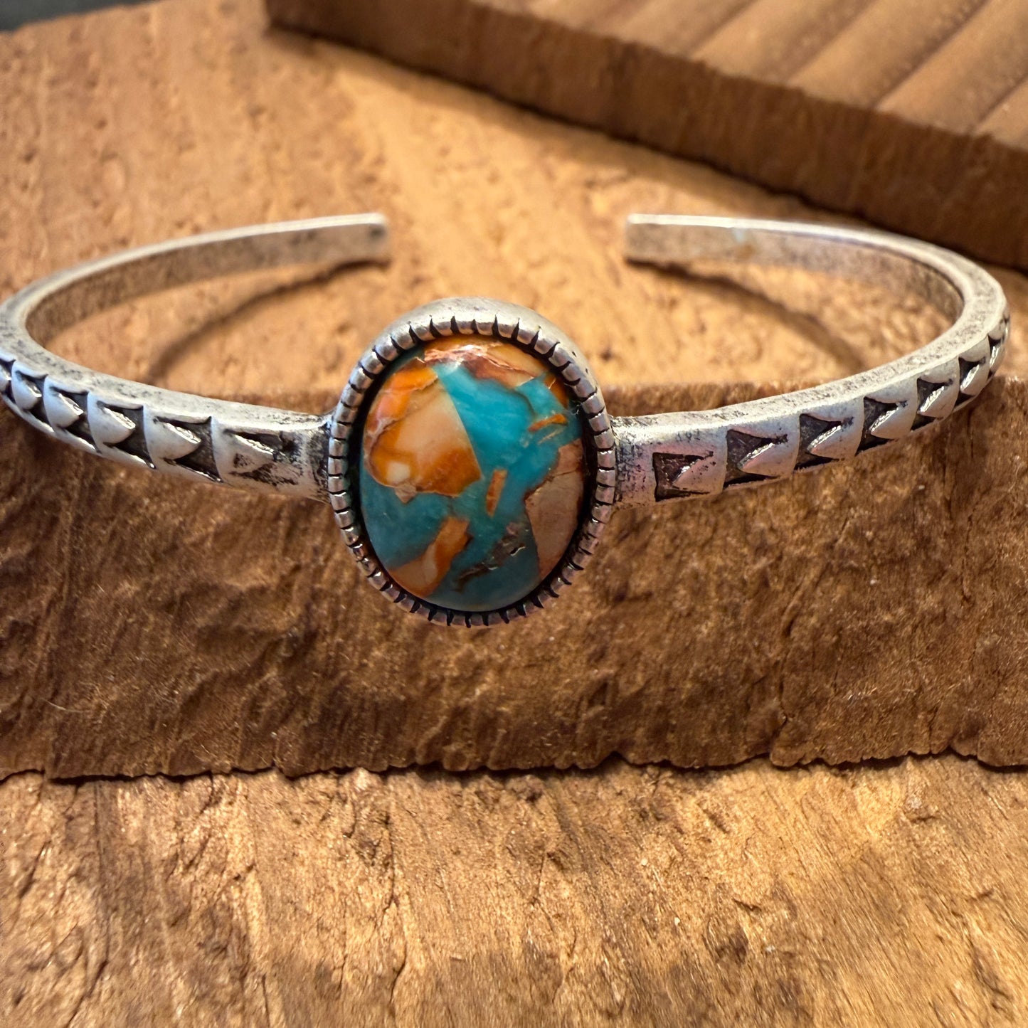 Navajo Style Southwestern Turquoise Stone Mixed Metals Bangle Bracelet