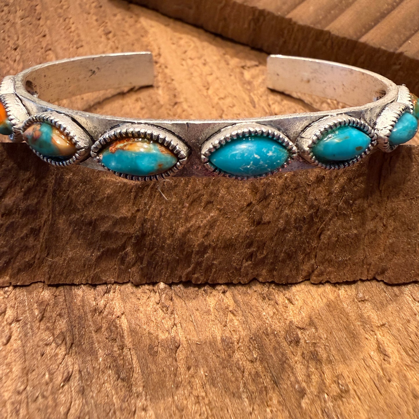 Navajo Style Turquoise Stone Bangle Bracelet Mixed Metals