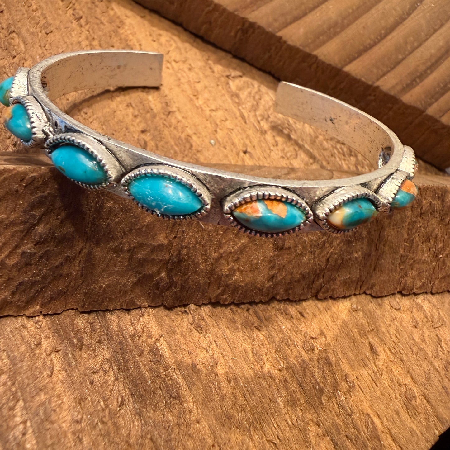Navajo Style Turquoise Stone Bangle Bracelet Mixed Metals
