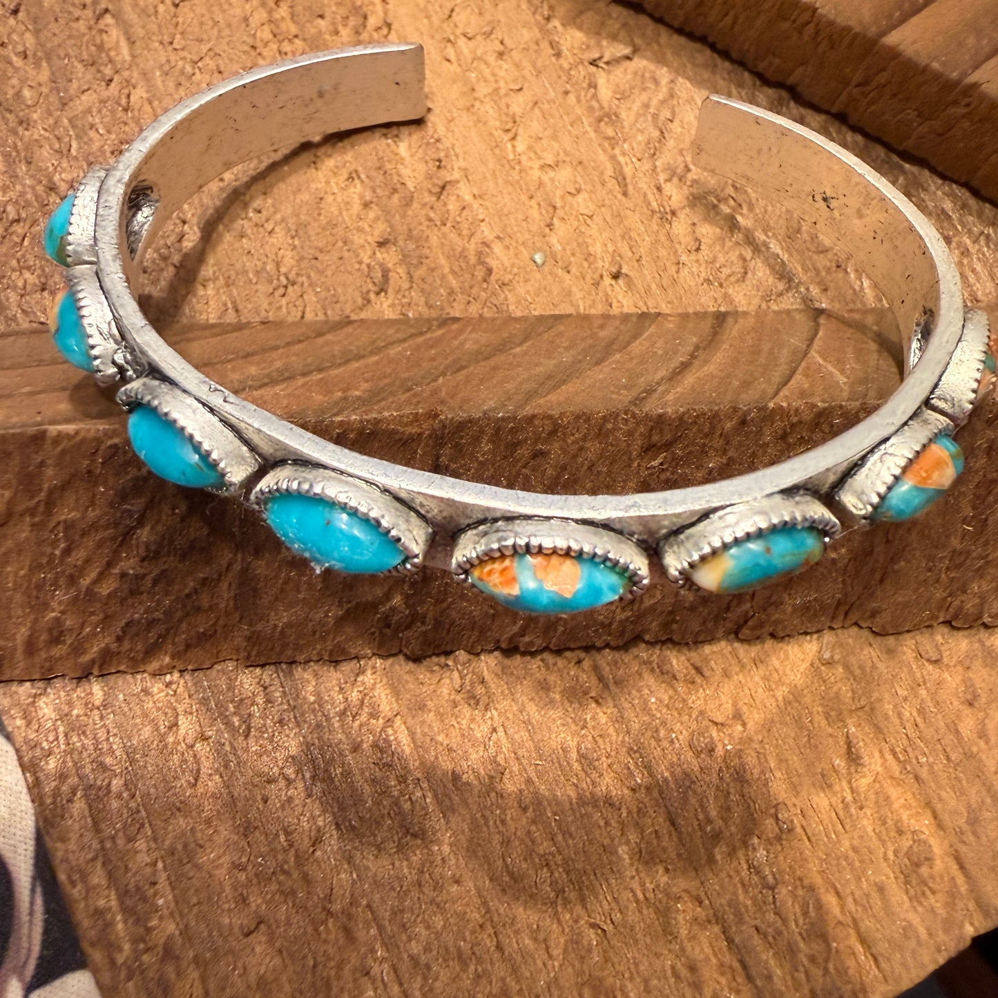 Navajo Style Turquoise Stone Bangle Bracelet Mixed Metals
