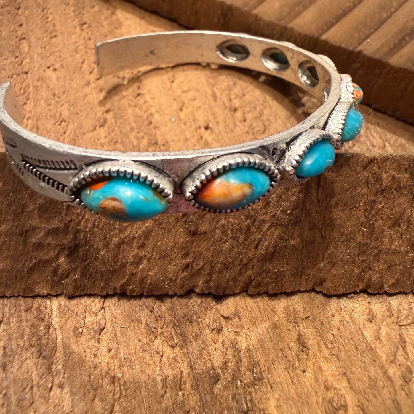 Navajo Style Turquoise Stone Bangle Bracelet Mixed Metals