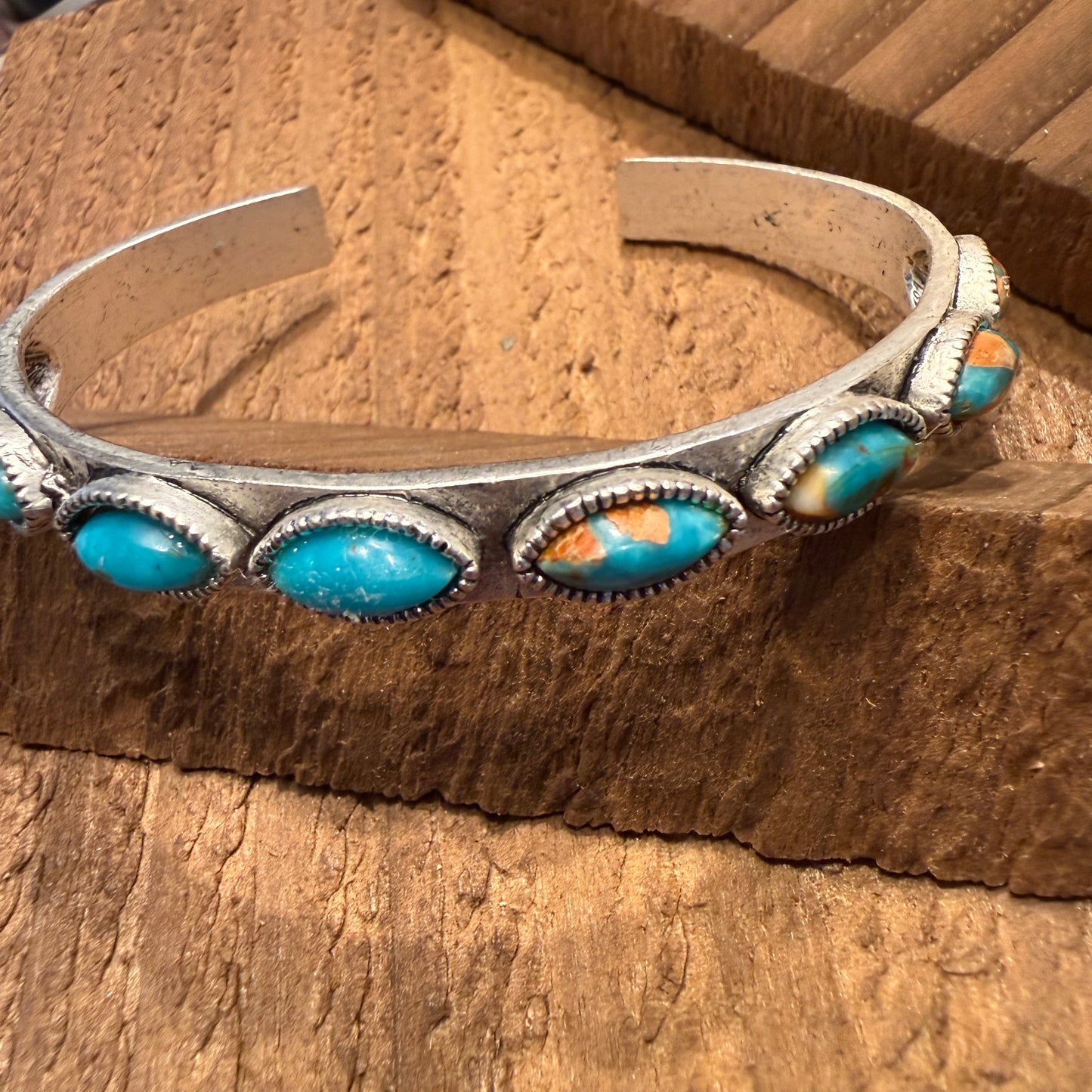 Navajo Style Turquoise Stone Bangle Bracelet Mixed Metals