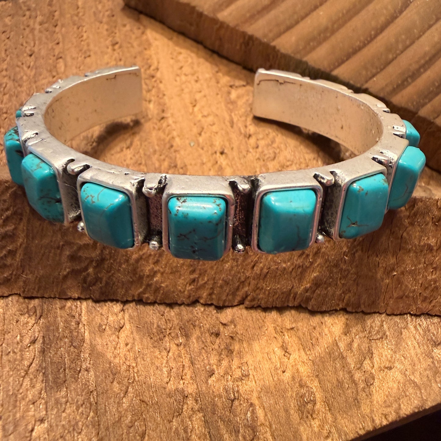 Southwestern Navajo Style Square Turquoise Stone Mixed Metals Bangle Bracelet