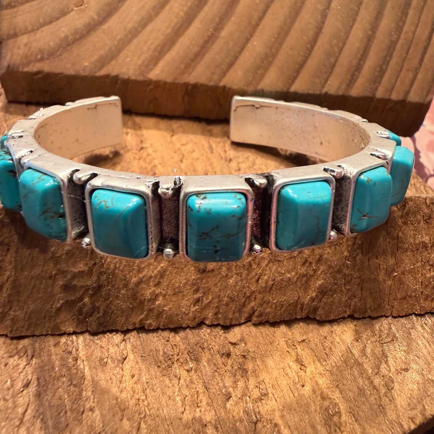 Southwestern Navajo Style Square Turquoise Stone Mixed Metals Bangle Bracelet