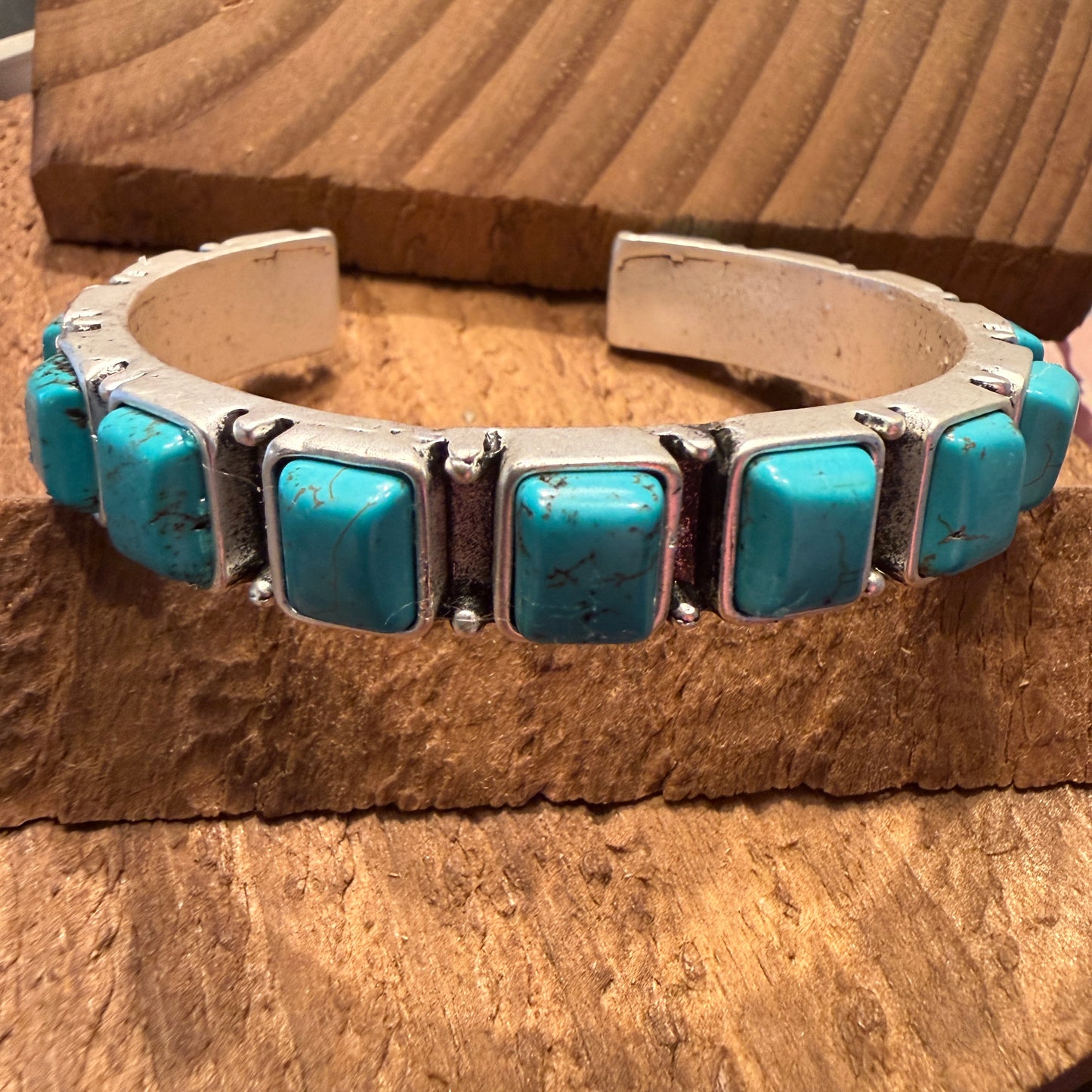 Southwestern Navajo Style Square Turquoise Stone Mixed Metals Bangle Bracelet