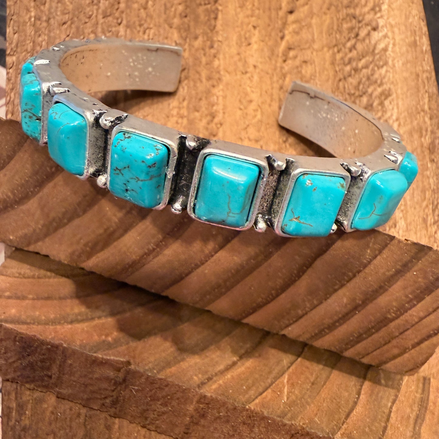 Southwestern Navajo Style Square Turquoise Stone Mixed Metals Bangle Bracelet