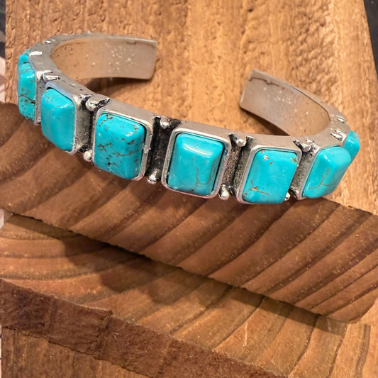 Southwestern Navajo Style Square Turquoise Stone Mixed Metals Bangle Bracelet