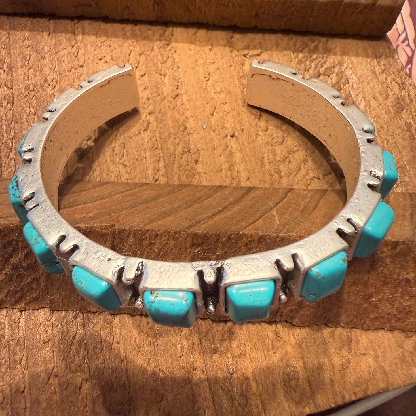 Southwestern Navajo Style Square Turquoise Stone Mixed Metals Bangle Bracelet