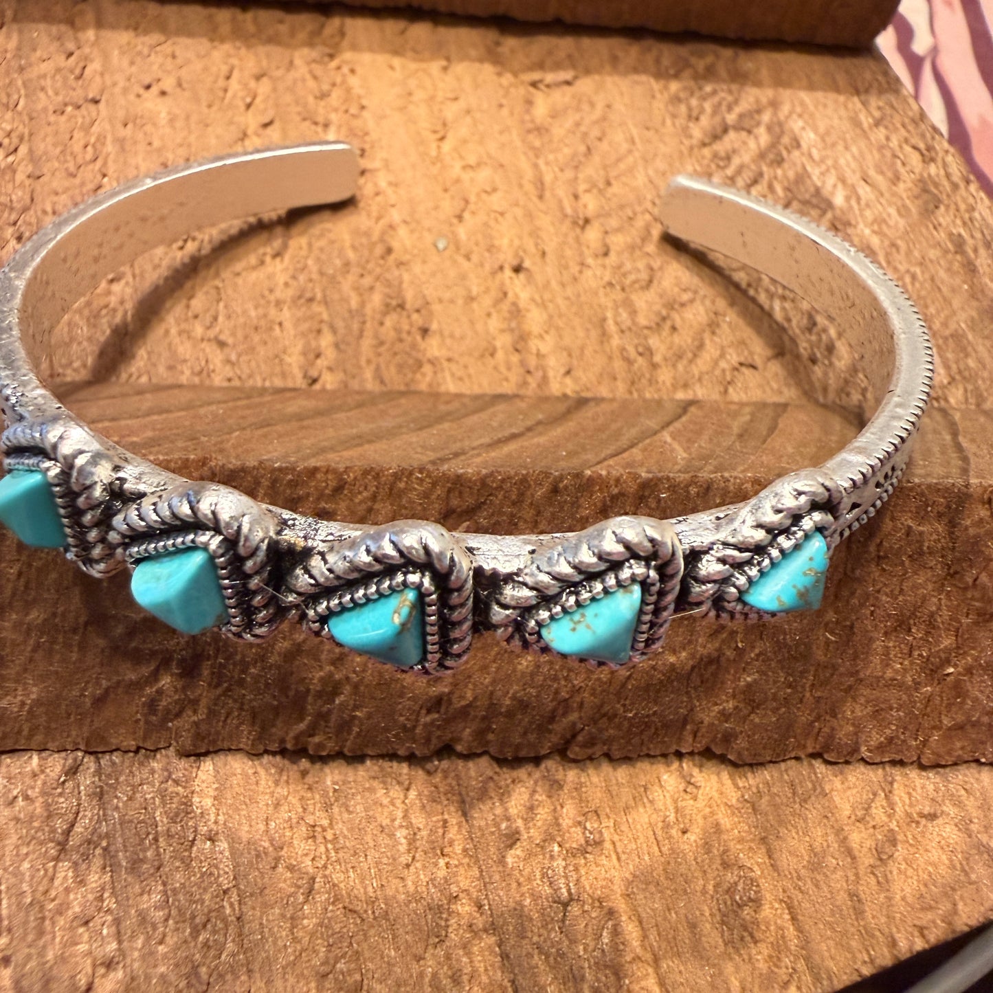 Navajo Style Natural Turquoise Stone Mixed Metals Bangle Bracelet
