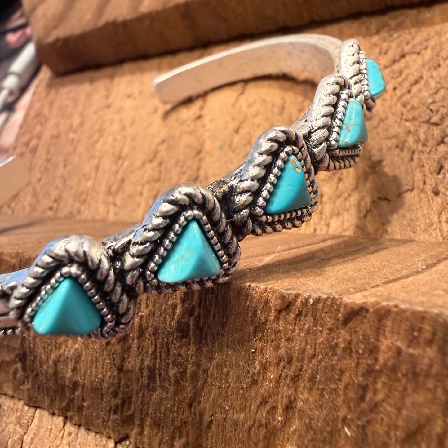 Navajo Style Natural Turquoise Stone Mixed Metals Bangle Bracelet