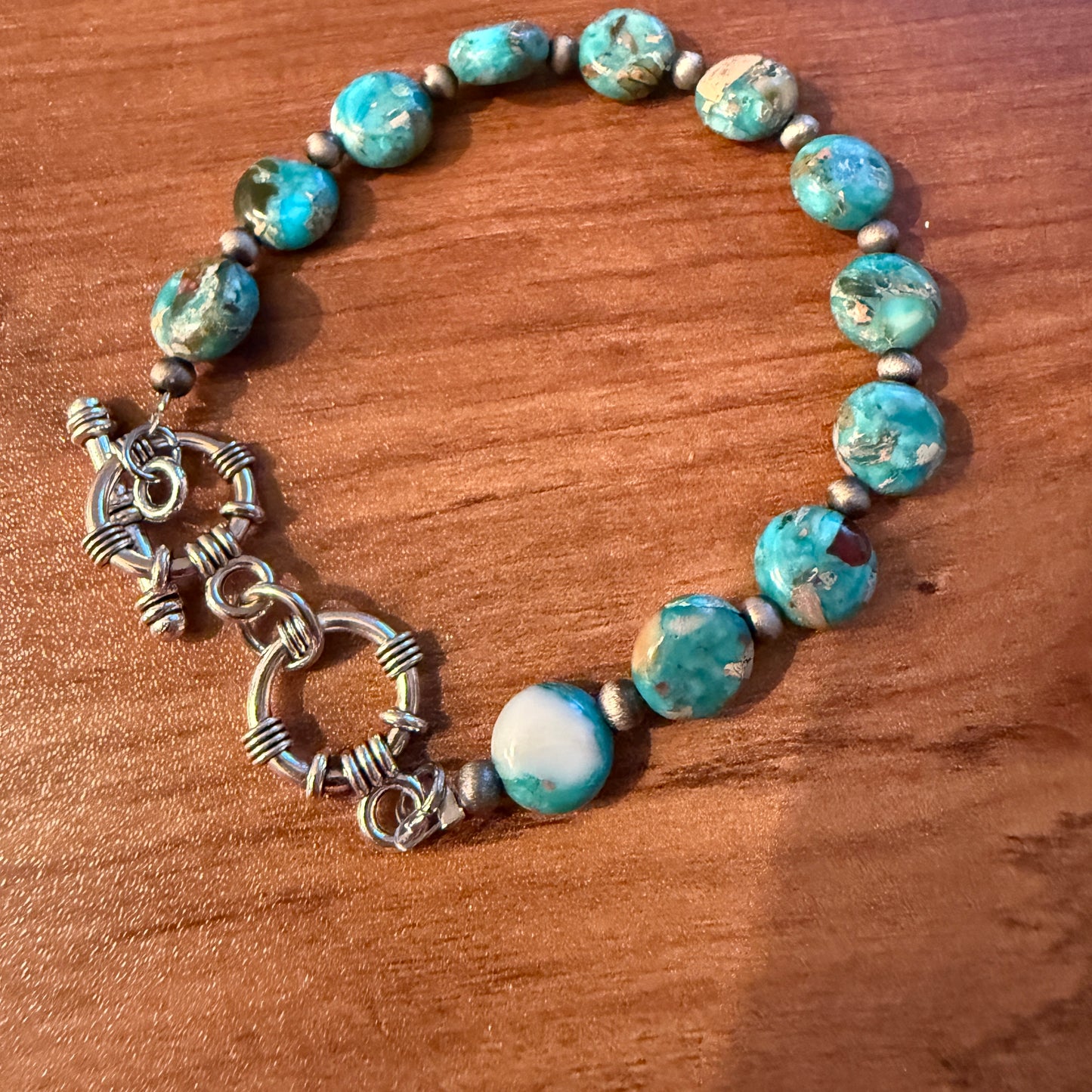 Navajo Style Round Turquoise Stone Adjustable Bead Bracelet Silver Plated