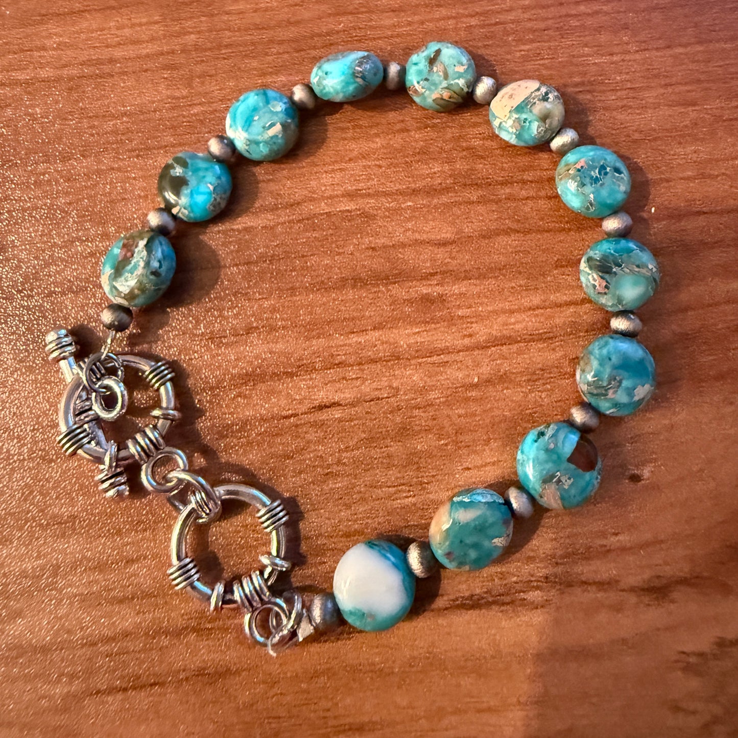 Navajo Style Round Turquoise Stone Adjustable Bead Bracelet Silver Plated
