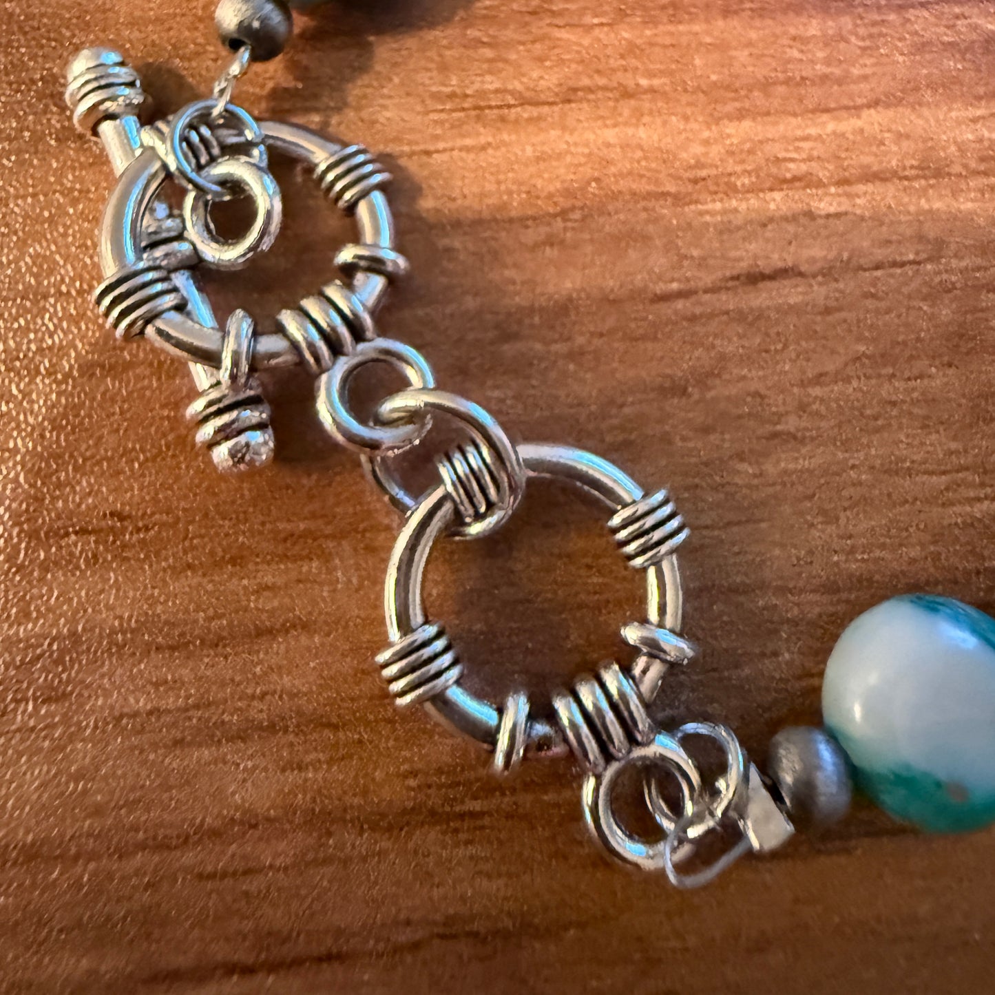 Navajo Style Round Turquoise Stone Adjustable Bead Bracelet Silver Plated