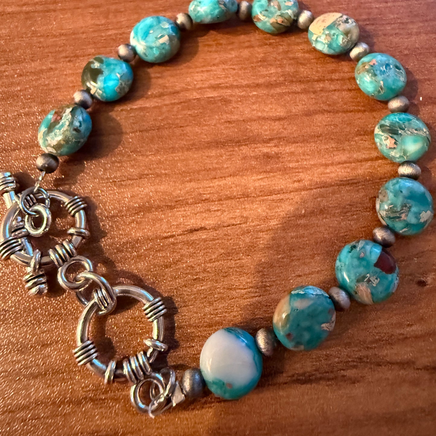 Navajo Style Round Turquoise Stone Adjustable Bead Bracelet Silver Plated