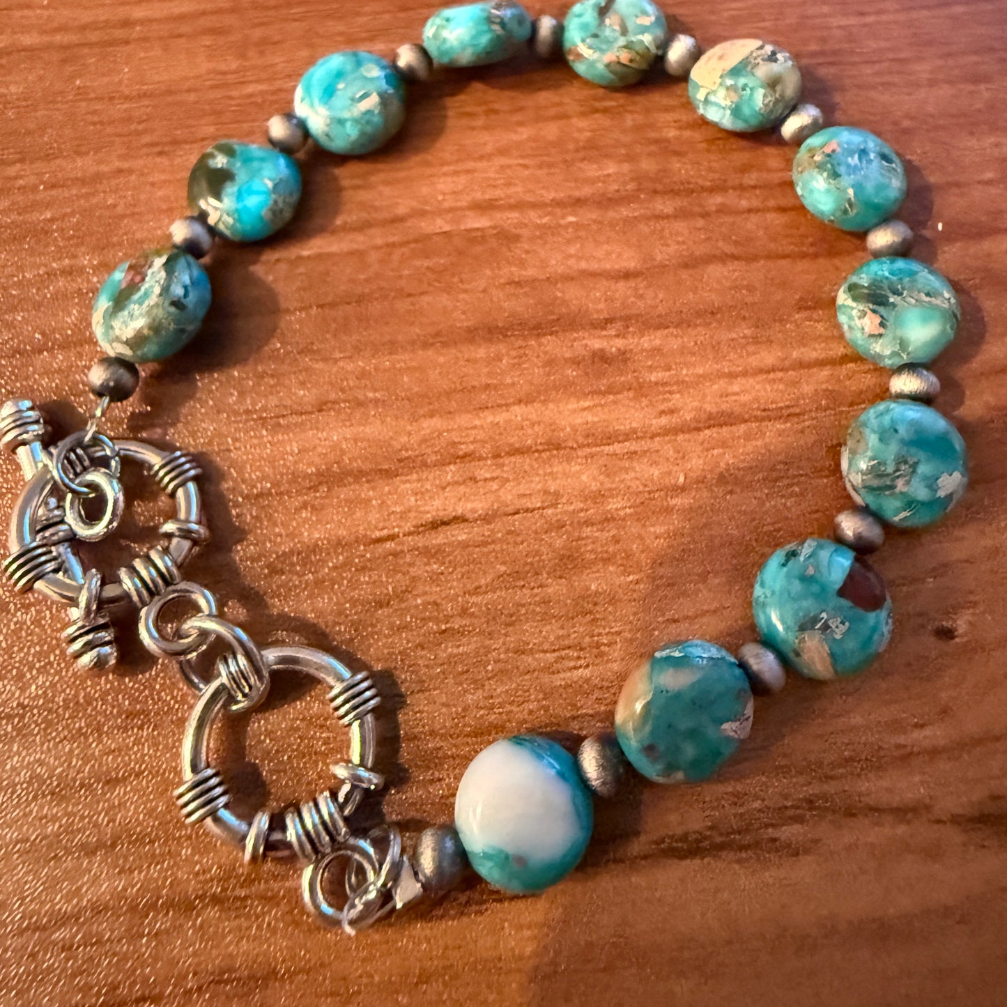 Navajo Style Round Turquoise Stone Adjustable Bead Bracelet Silver Plated