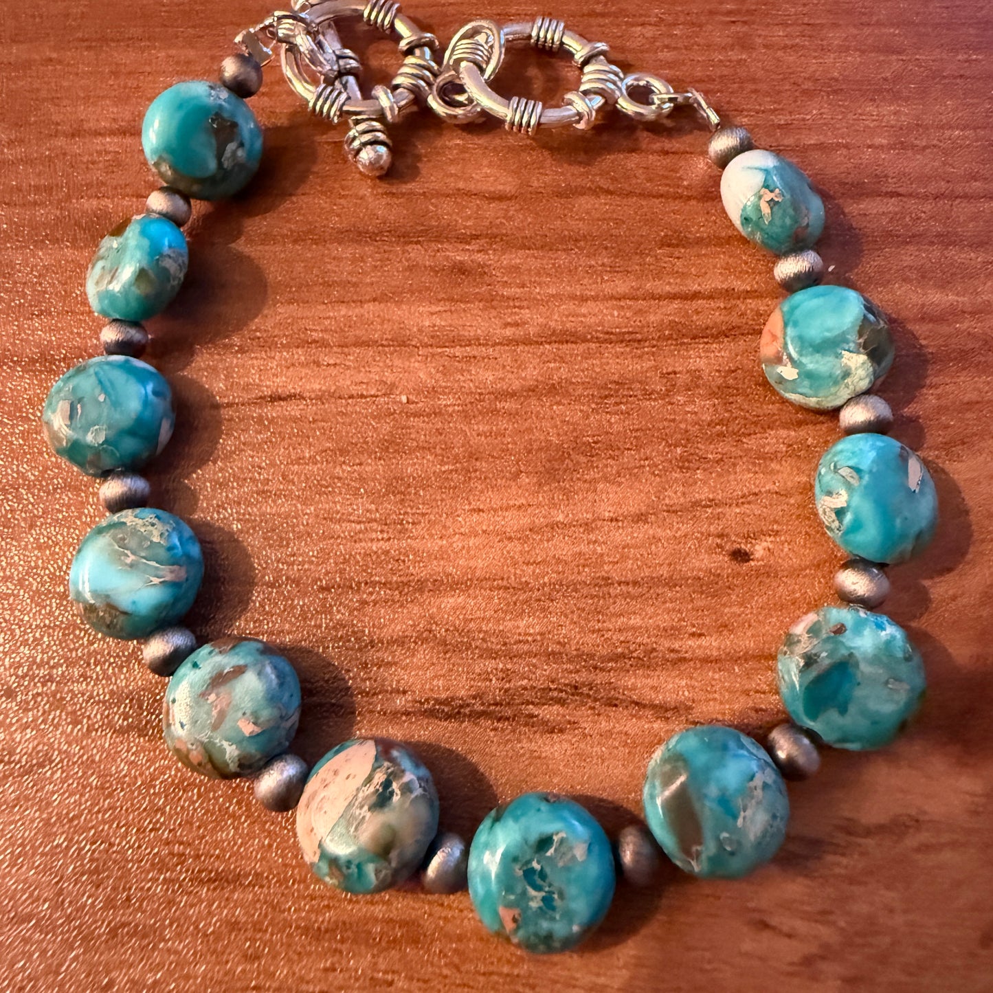 Navajo Style Round Turquoise Stone Adjustable Bead Bracelet Silver Plated
