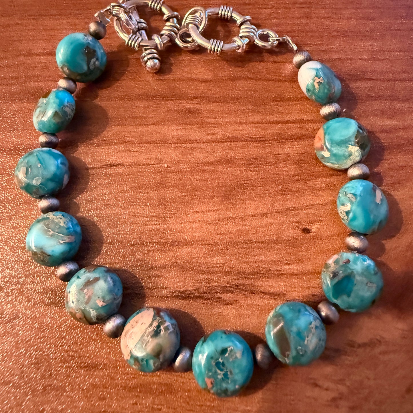 Navajo Style Round Turquoise Stone Adjustable Bead Bracelet Silver Plated