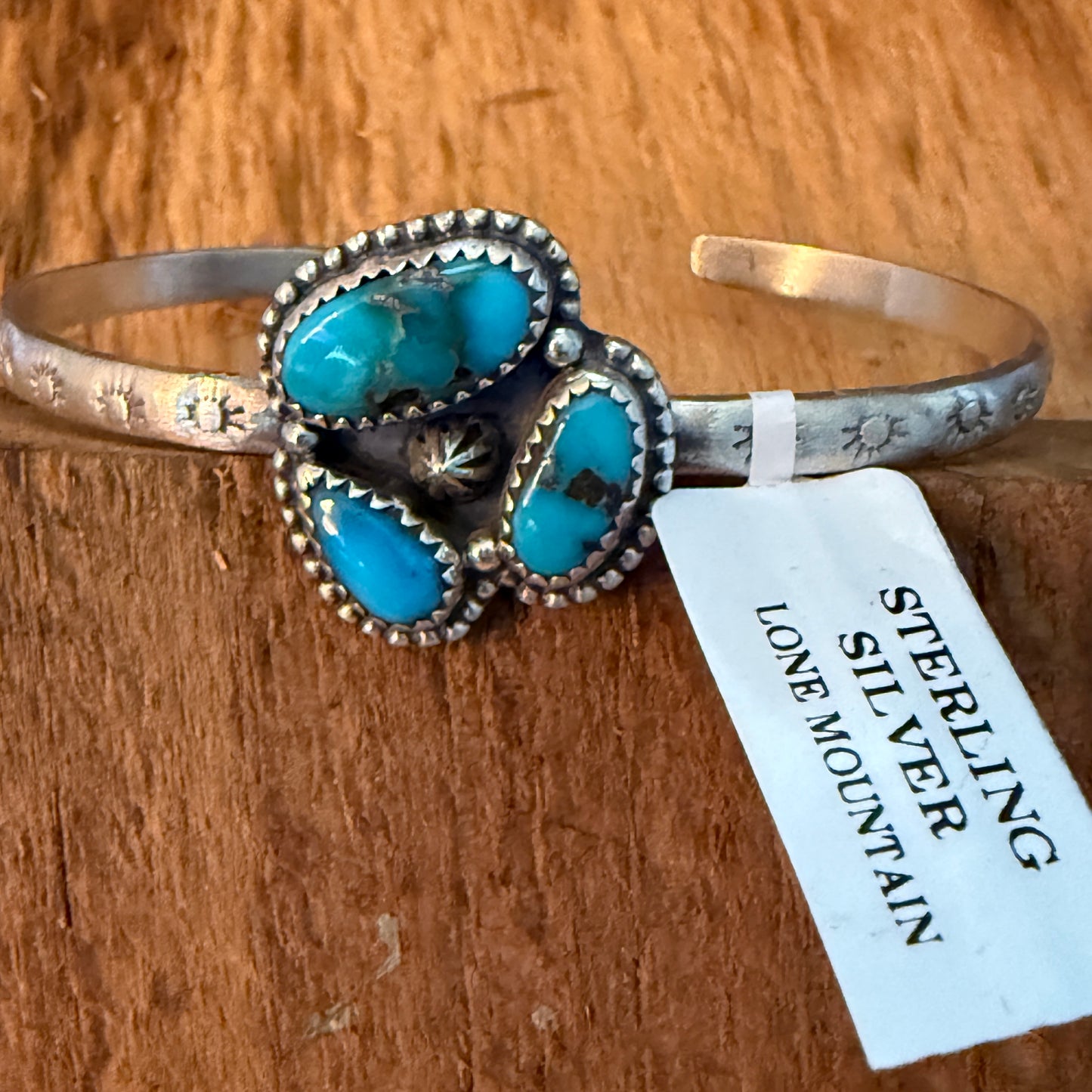 Navajo Style Lone Mountain Turquoise Cluster Sterling Silver Cuff Bangle Adjustable
