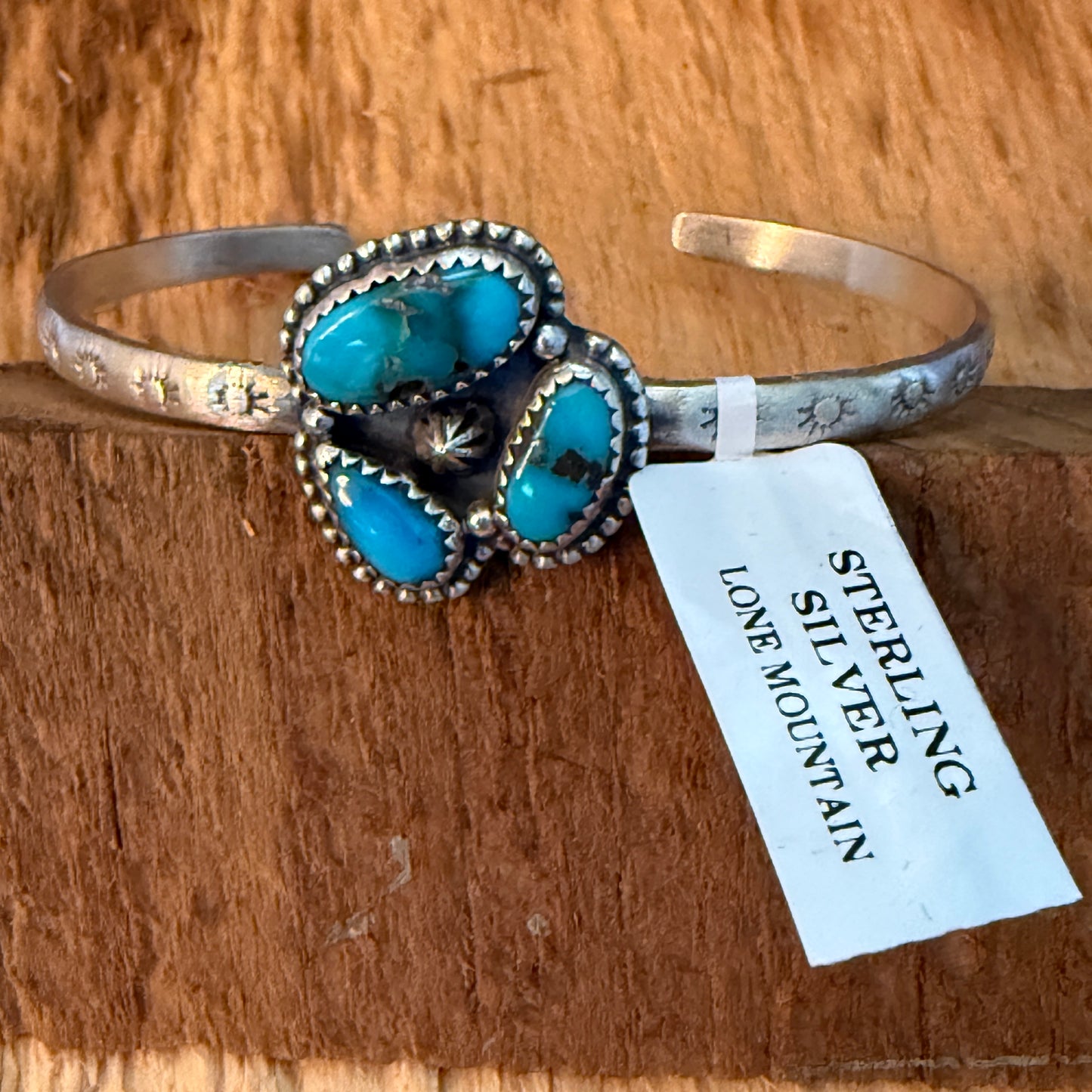 Navajo Style Lone Mountain Turquoise Cluster Sterling Silver Cuff Bangle Adjustable