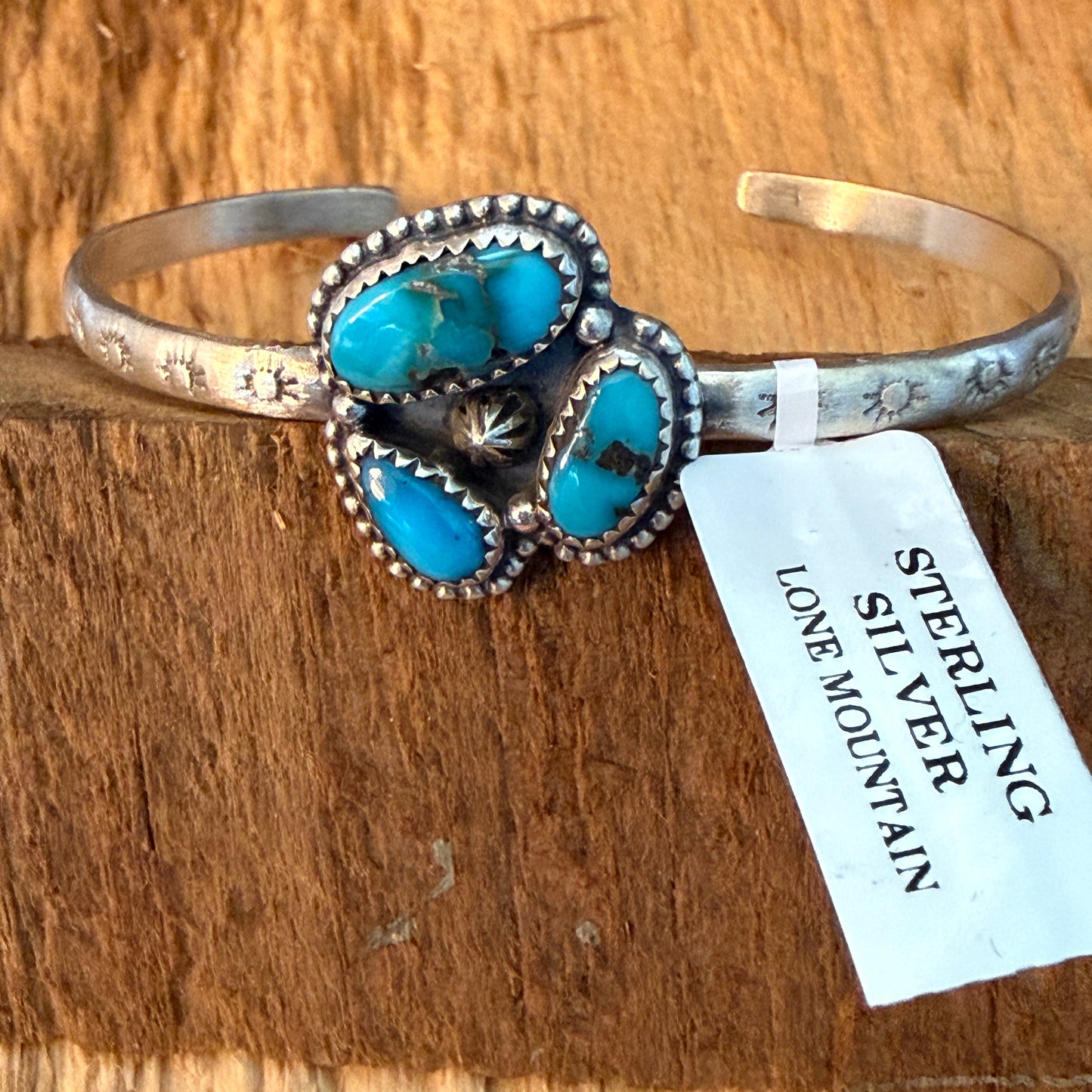 Navajo Style Lone Mountain Turquoise Cluster Sterling Silver Cuff Bangle Adjustable