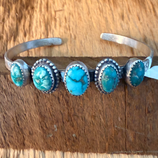 Navajo Style Lone Mountain Turquoise Five Stone Sterling Cuff Bracelet Adjustable