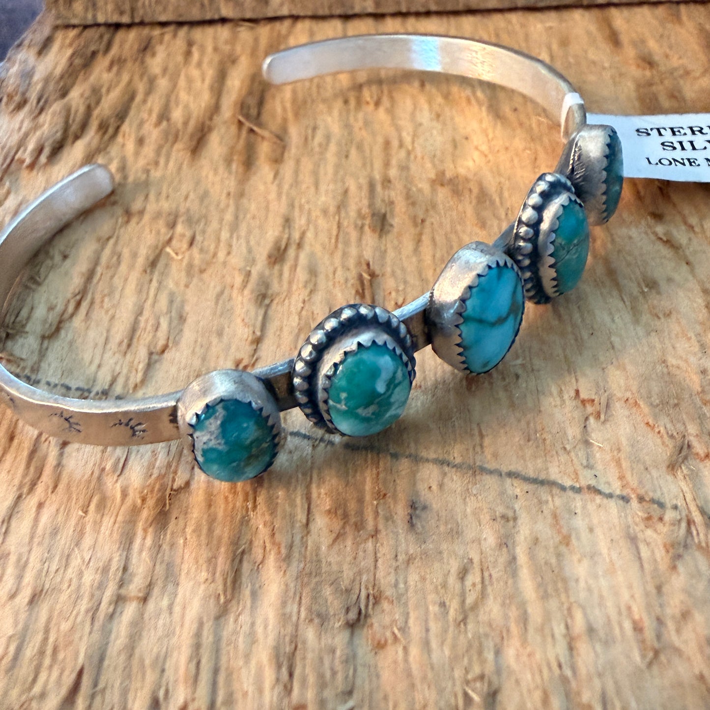 Navajo Style Lone Mountain Turquoise Five Stone Sterling Cuff Bracelet Adjustable