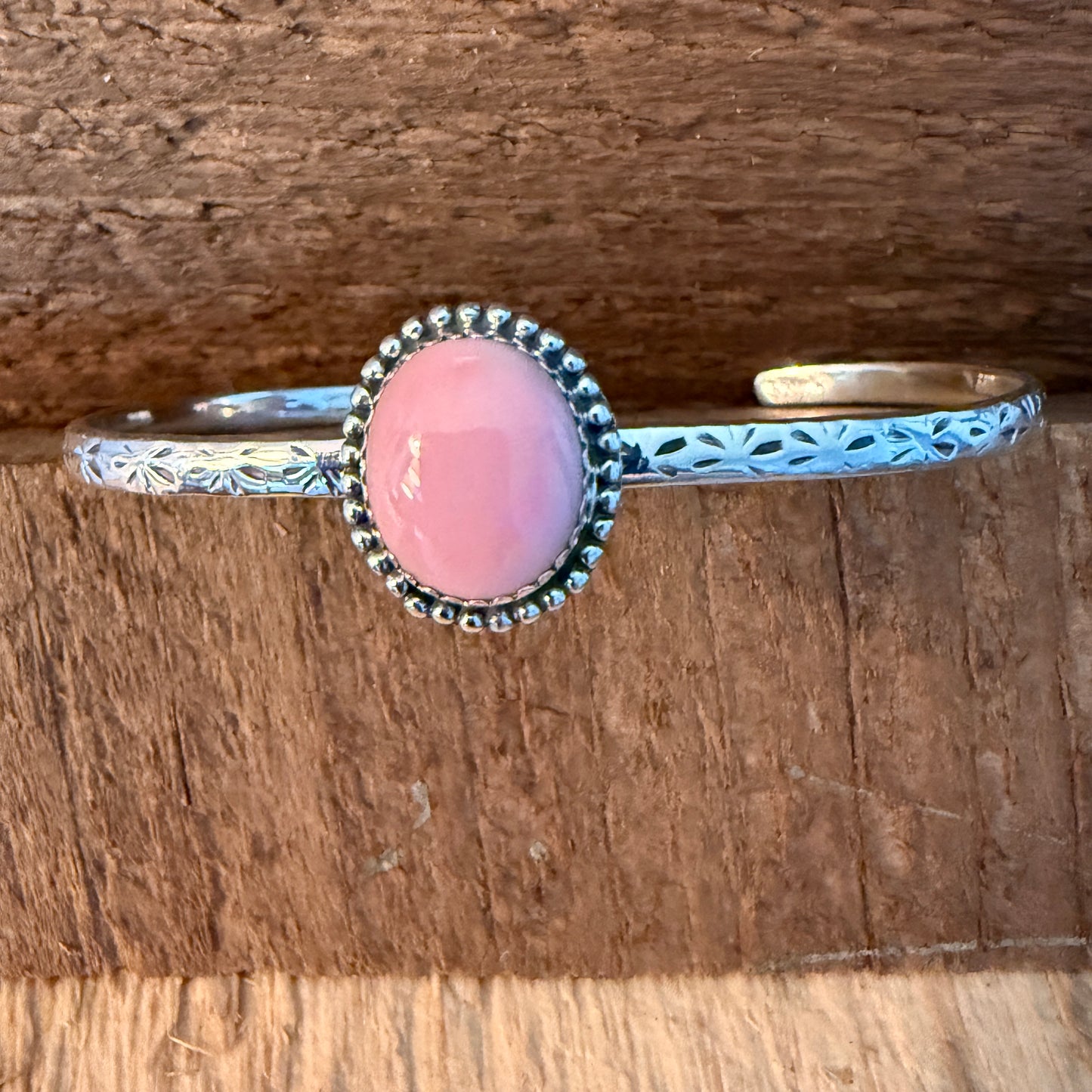 Navajo Style Pink Conch Gemstone Sterling Silver Adjustable Cuff Bracelet