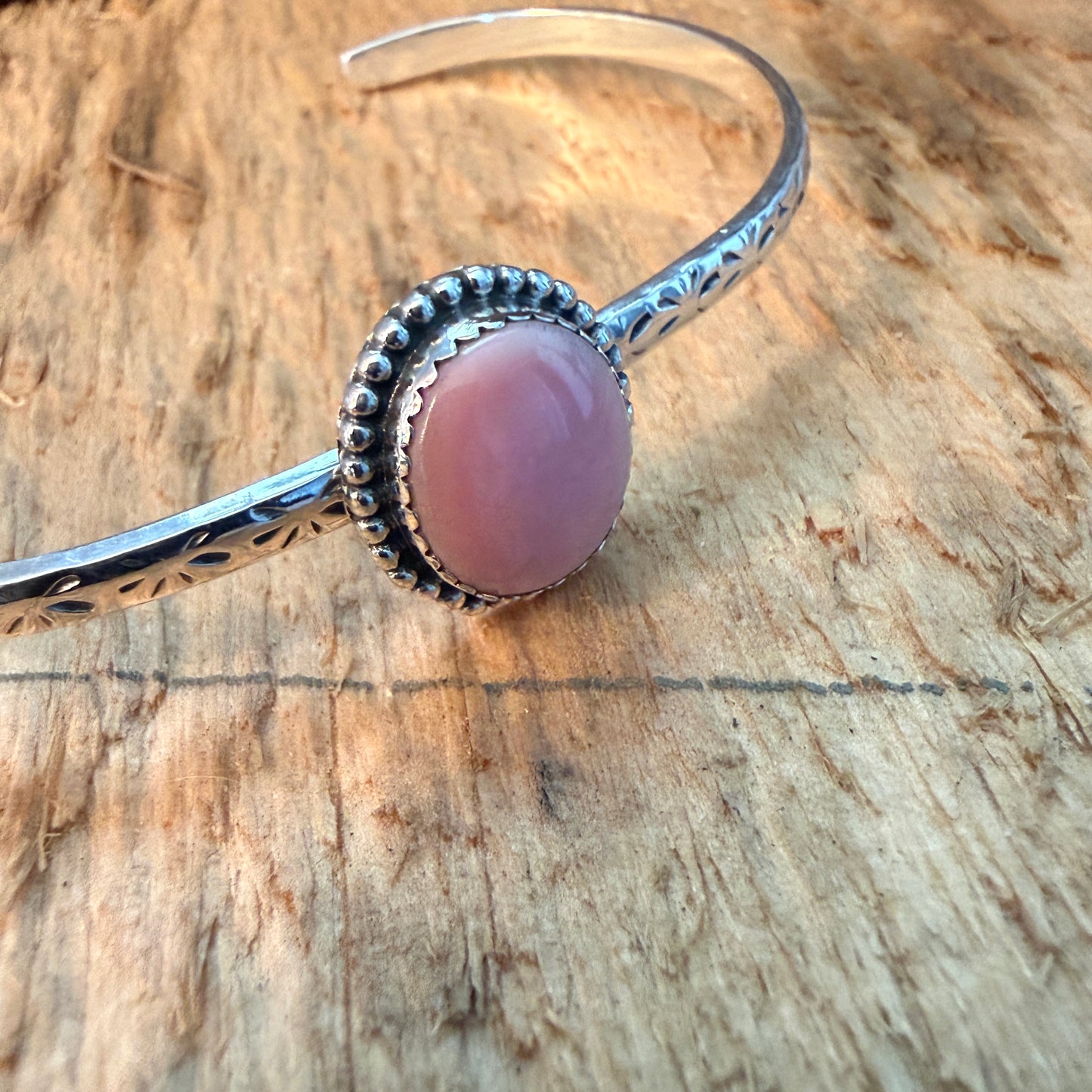 Navajo Style Pink Conch Gemstone Sterling Silver Adjustable Cuff Bracelet