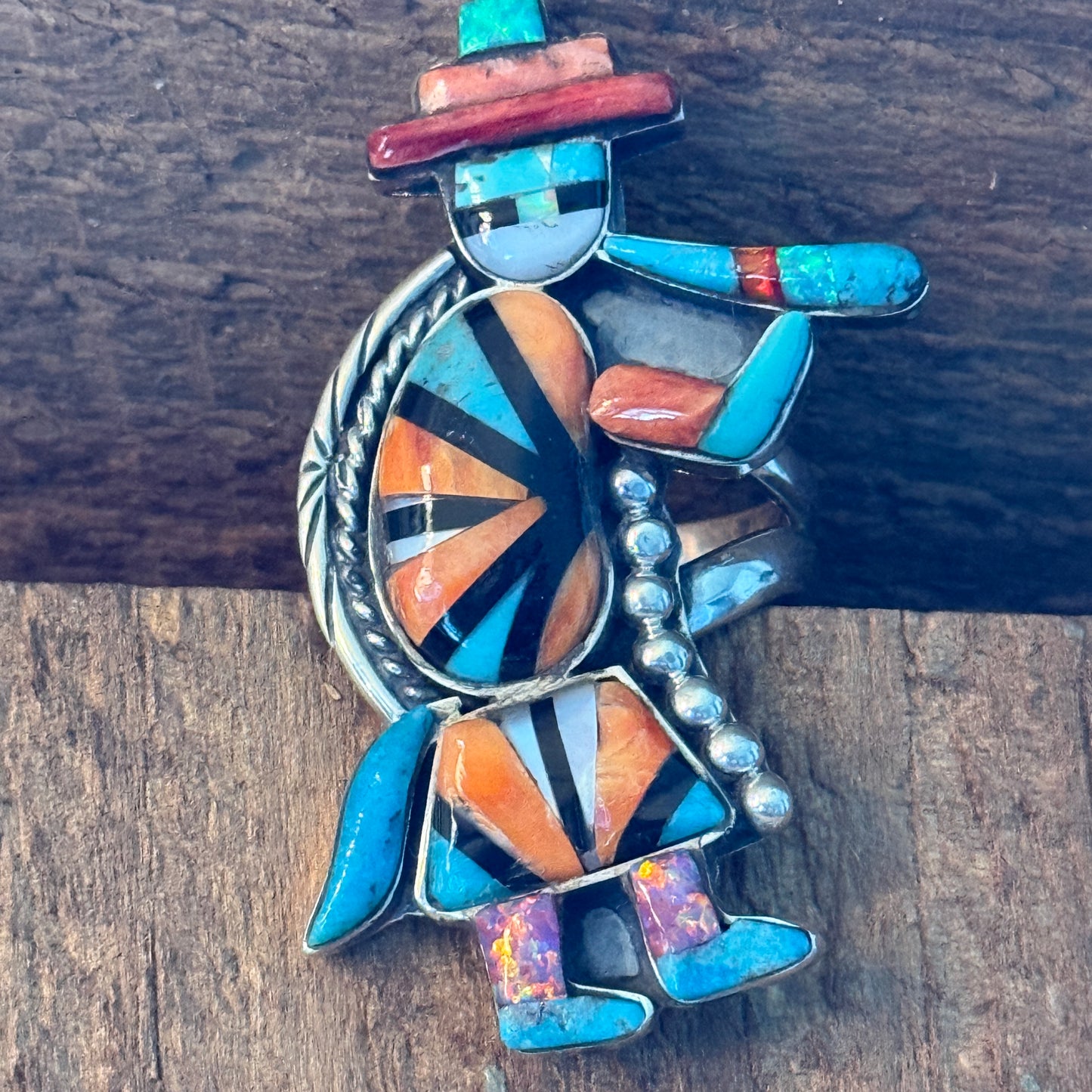Native Inspired Turquoise Inlay Colorful Ring In 925 Sterling Silver Adjustable, 2 Inch