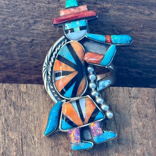 Native Inspired Turquoise Inlay Colorful Ring In 925 Sterling Silver Adjustable, 2 Inch