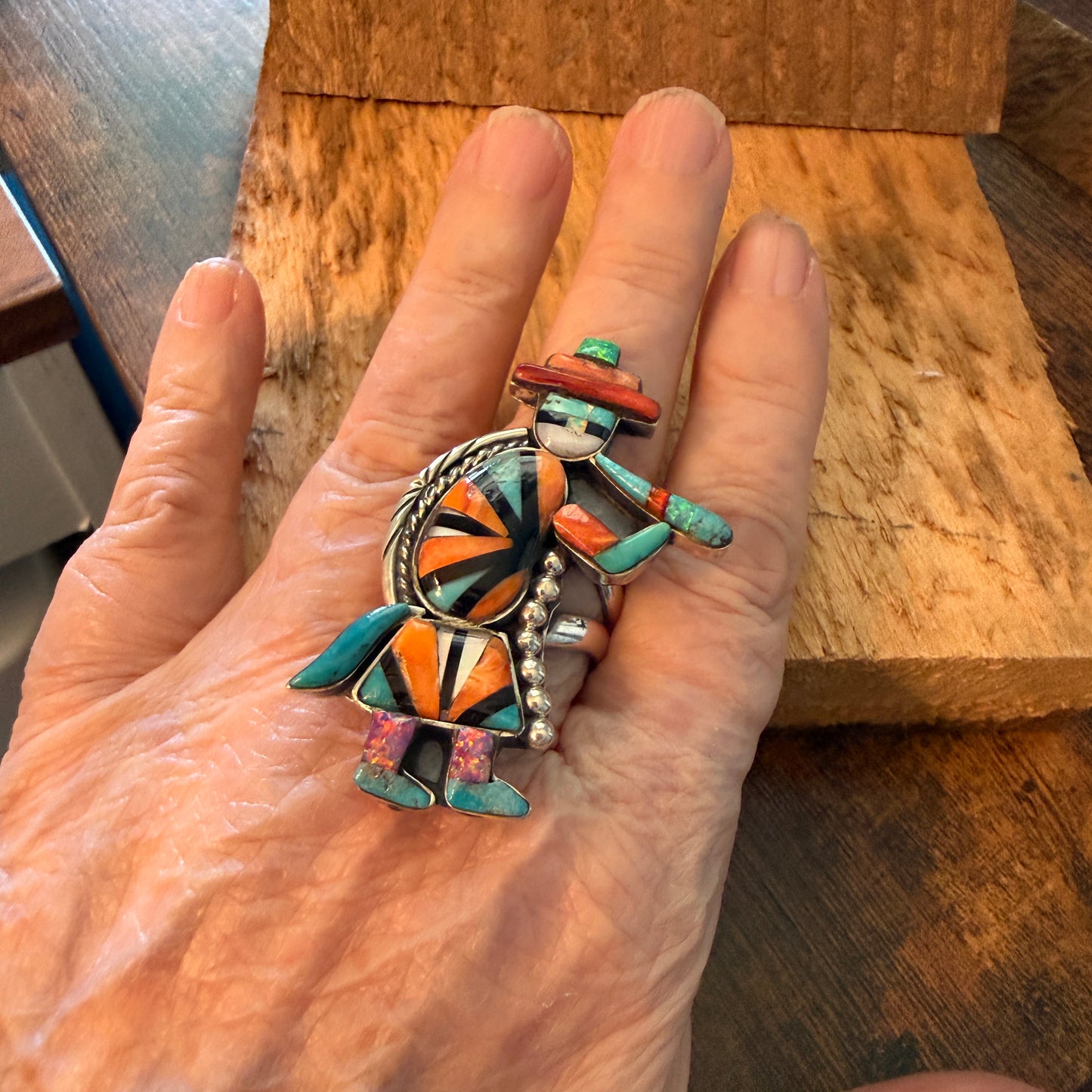 Native Inspired Turquoise Inlay Colorful Ring In 925 Sterling Silver Adjustable, 2 Inch