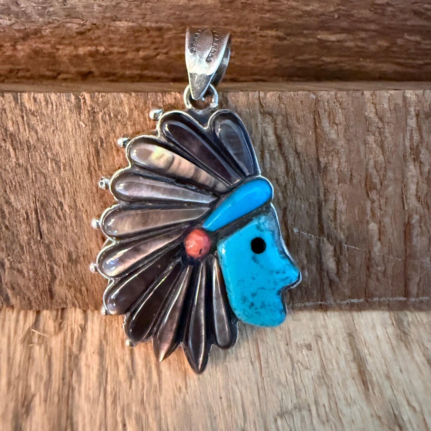 Native Inspired Turquoise Gemstone Inlay Sterling Silver Pendant 2 Inch