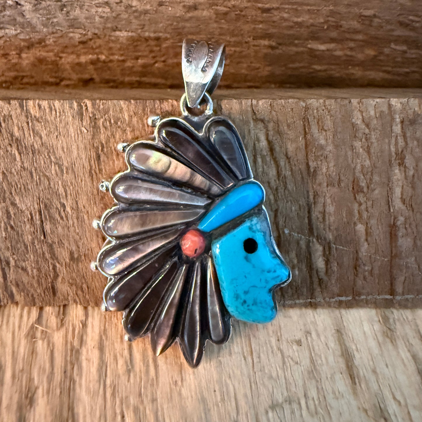 Native Inspired Turquoise Gemstone Inlay Sterling Silver Pendant 2 Inch
