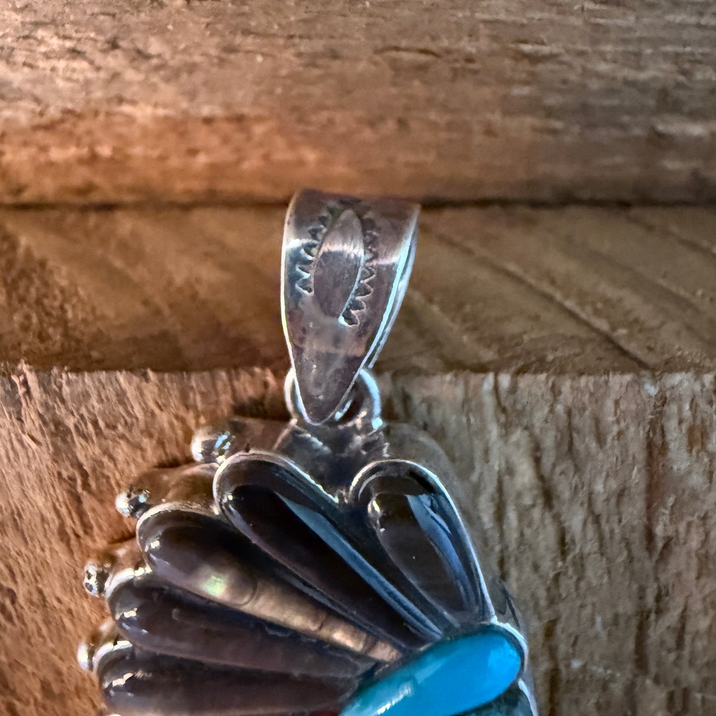 Native Inspired Turquoise Gemstone Inlay Sterling Silver Pendant 2 Inch