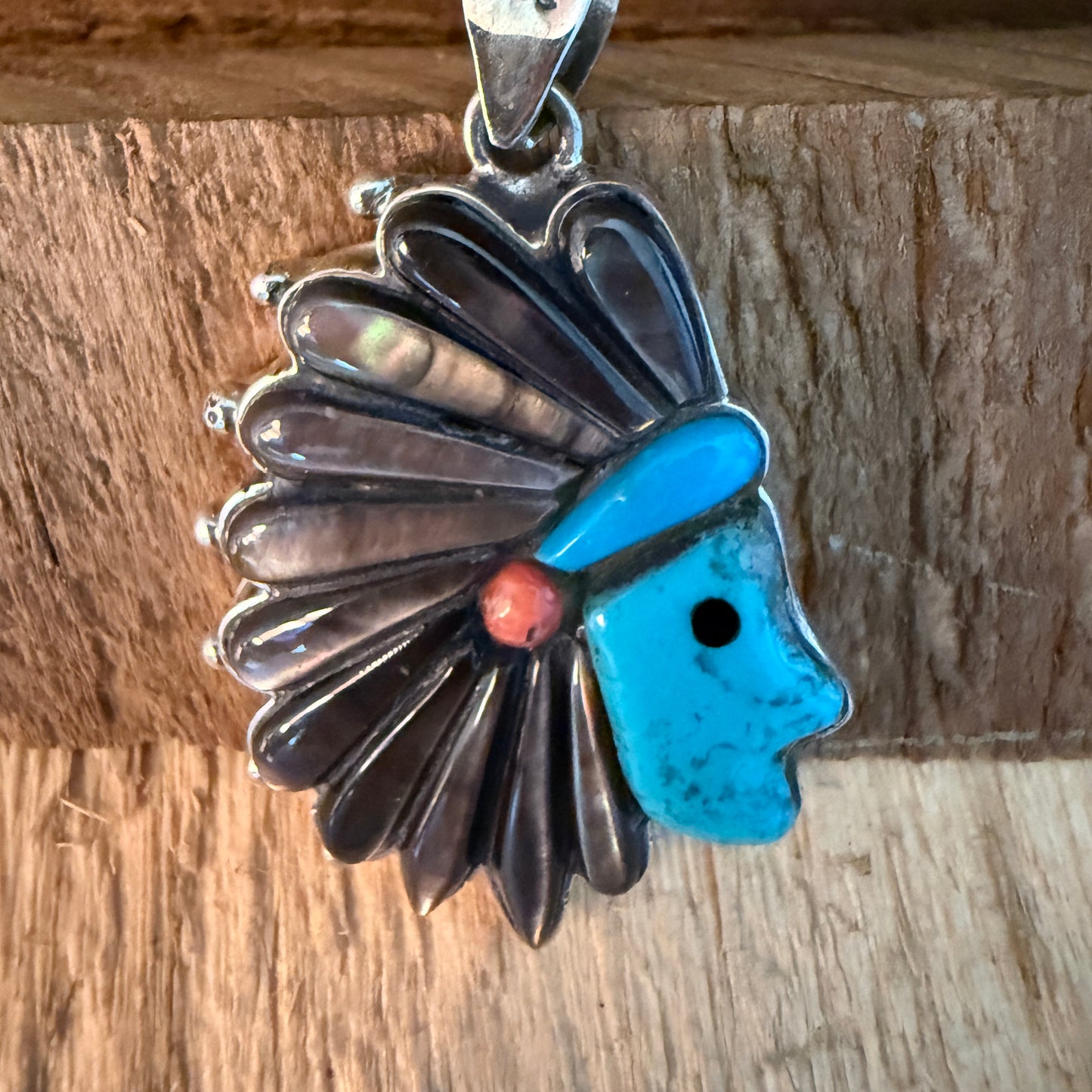Native Inspired Turquoise Gemstone Inlay Sterling Silver Pendant 2 Inch