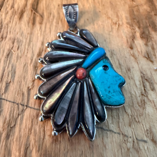 Native Inspired Turquoise Gemstone Inlay Sterling Silver Pendant 2 Inch