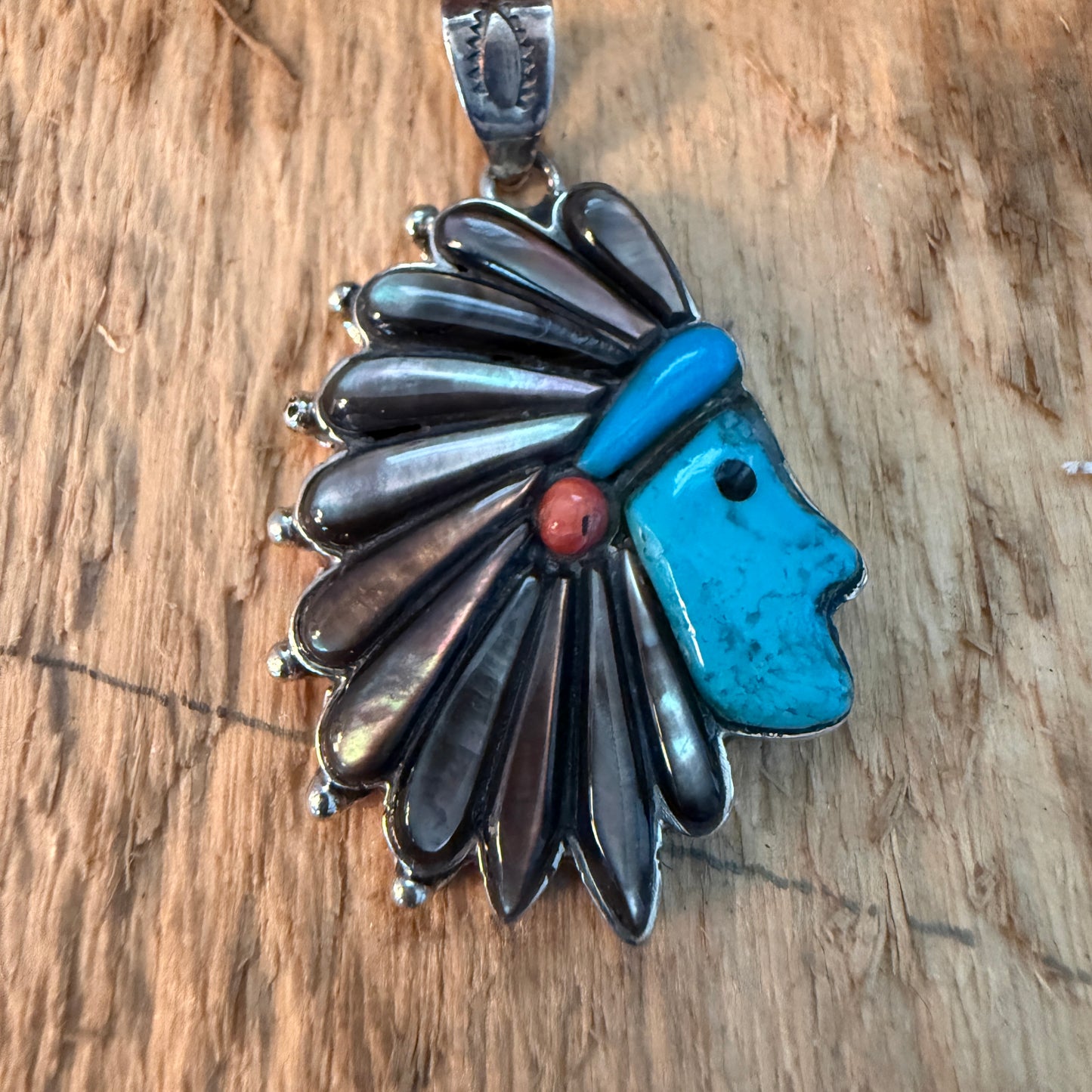 Native Inspired Turquoise Gemstone Inlay Sterling Silver Pendant 2 Inch