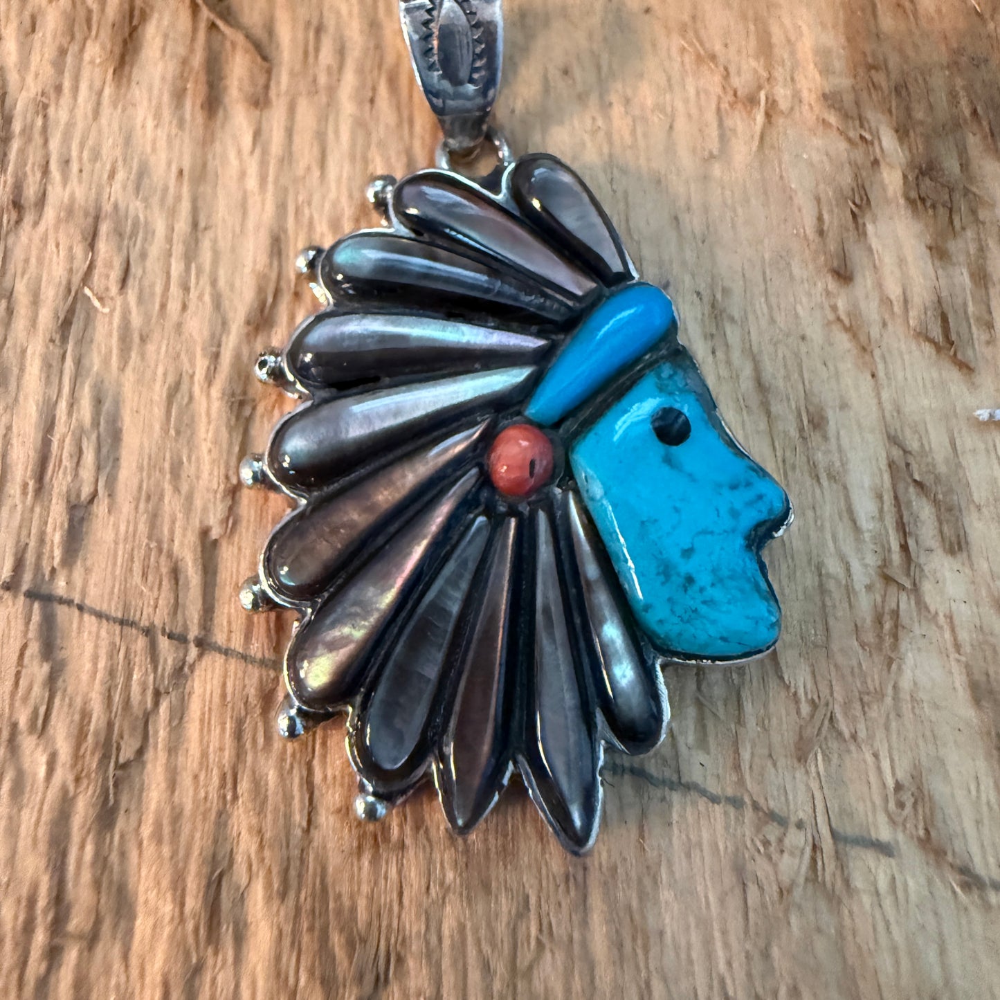Native Inspired Turquoise Gemstone Inlay Sterling Silver Pendant 2 Inch