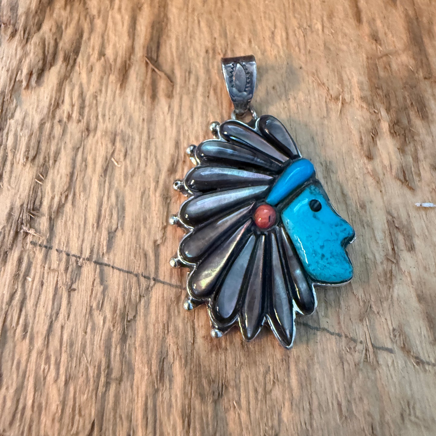 Native Inspired Turquoise Gemstone Inlay Sterling Silver Pendant 2 Inch