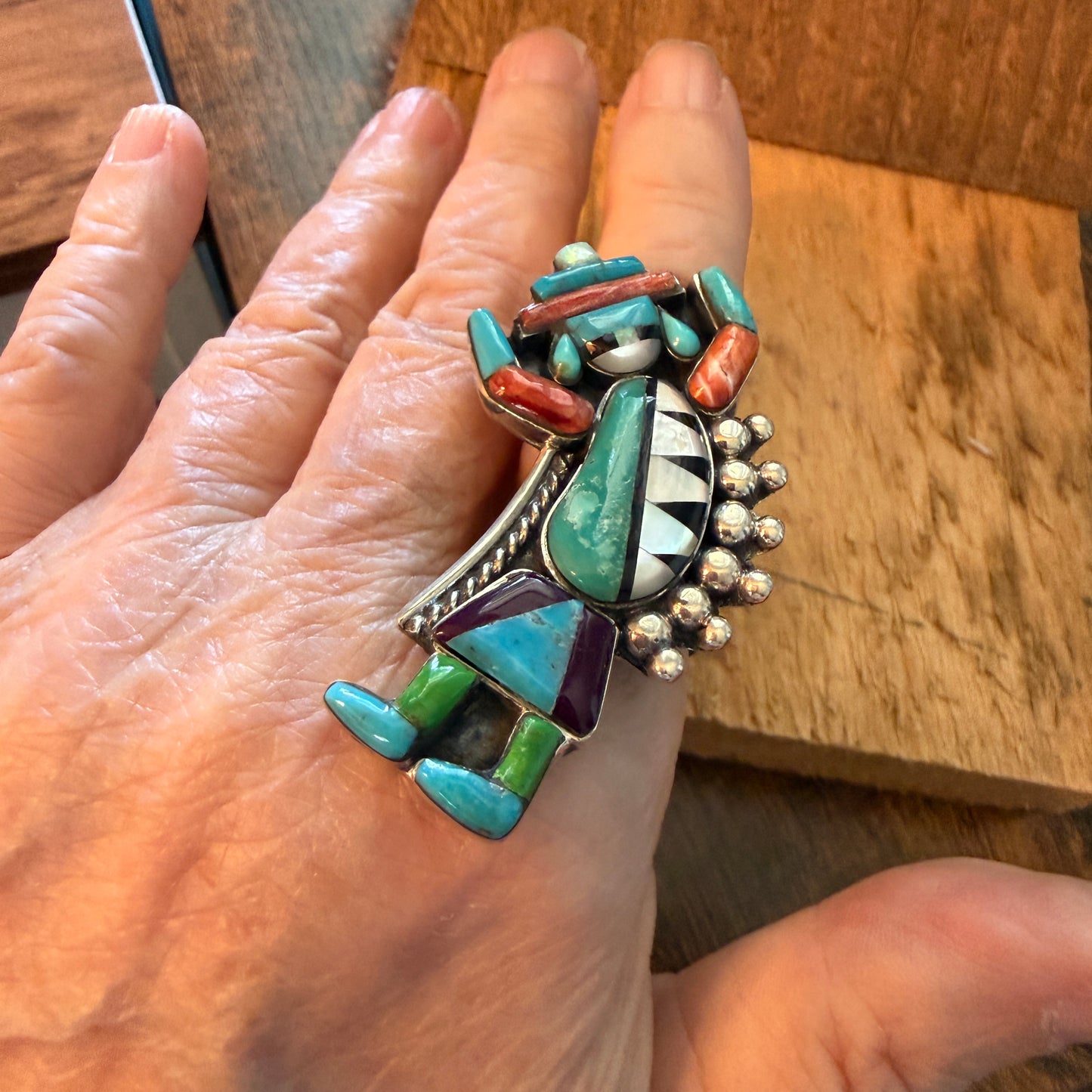 Handcrafted Native Inspired Turquoise Inlay Sterling Silver Cuff Ring Adjustable