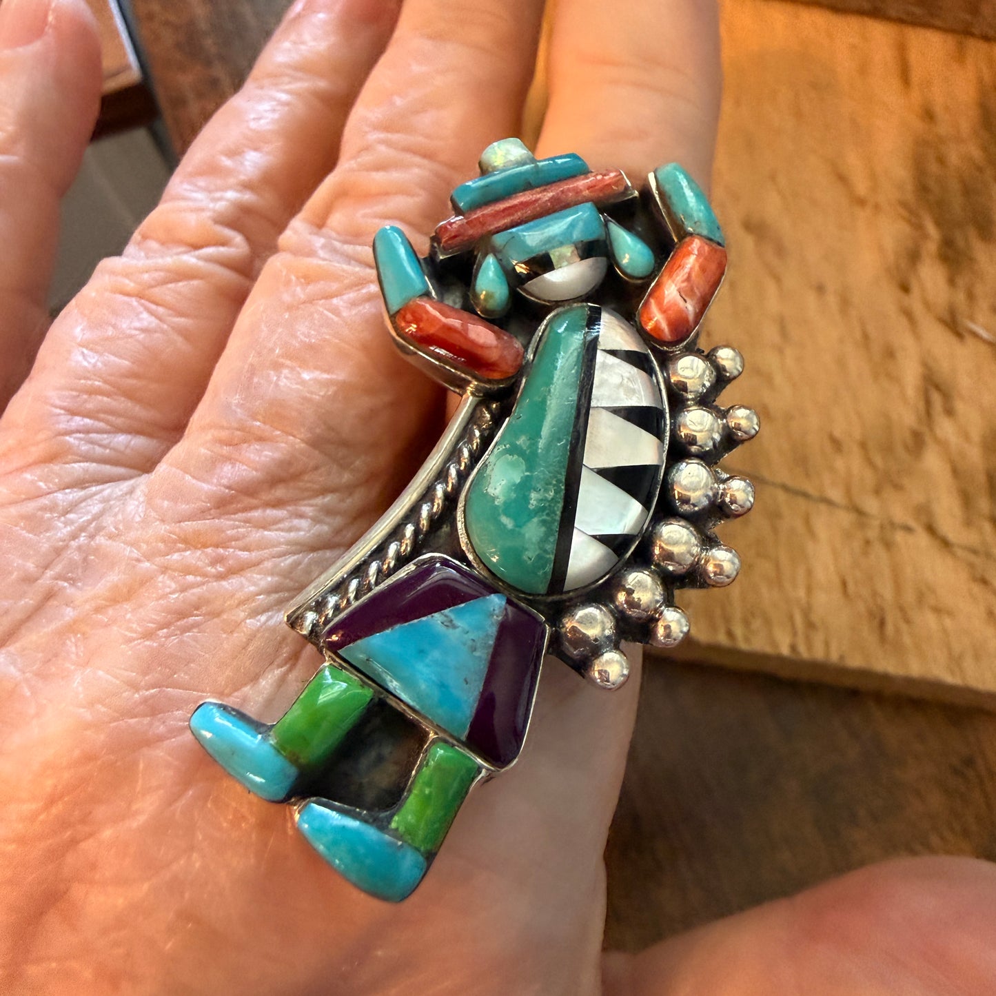 Handcrafted Native Inspired Turquoise Inlay Sterling Silver Cuff Ring Adjustable