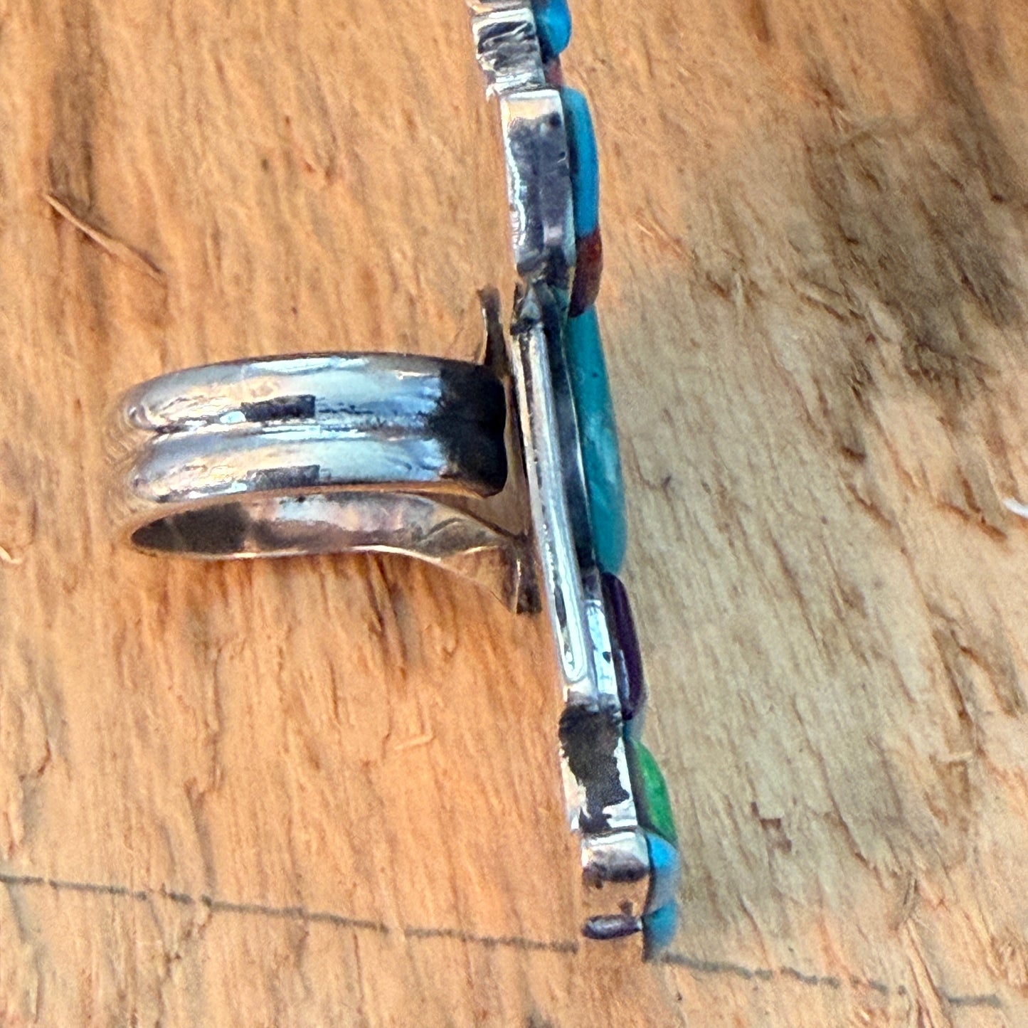 Handcrafted Native Inspired Turquoise Inlay Sterling Silver Cuff Ring Adjustable