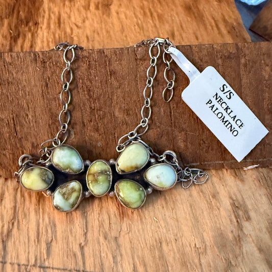Native Inspired Palomino Turquoise Seven Gemstone Cluster Sterling Bar Pendant