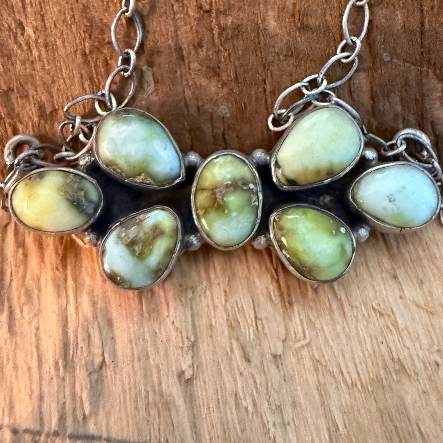 Native Inspired Palomino Turquoise Seven Gemstone Cluster Sterling Bar Pendant