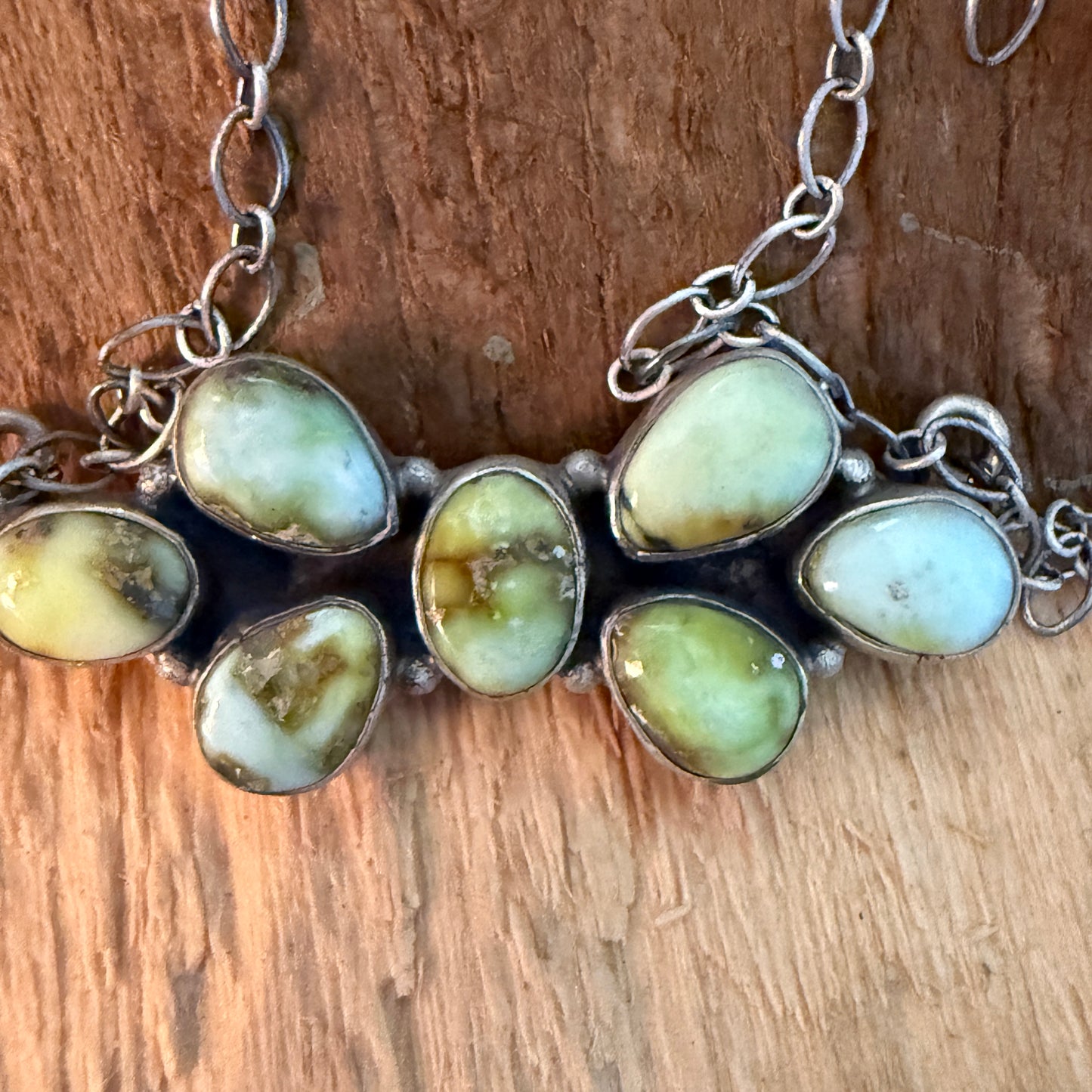 Native Inspired Palomino Turquoise Seven Gemstone Cluster Sterling Bar Pendant